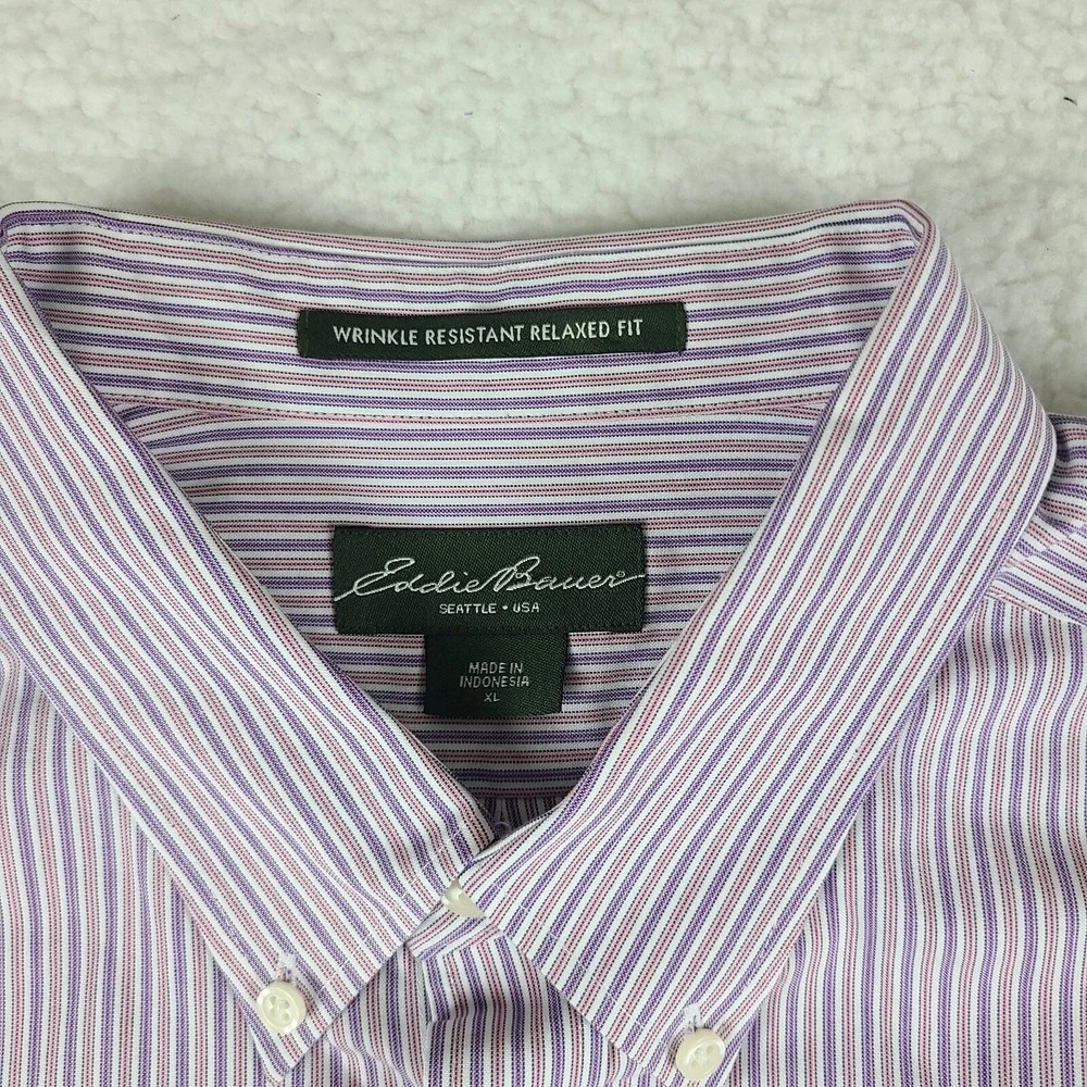 Eddie Bauer Dress Shirt Mens XL Purple Striped Wrinkle Resistant Relax Button Up